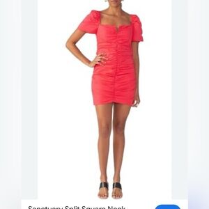 Sanctuary Coral Ruched Mini Dress with Puff Sleeves